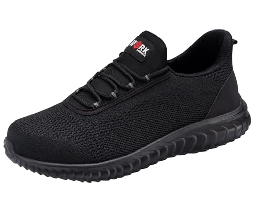 LARNMERN Arbeitsschuhe Sicherheitsschuhe Herren Leicht Atmungsaktiv Slip On Stahlkappenschuhe Bequeme 51666 (43 Herren,Schwarz)