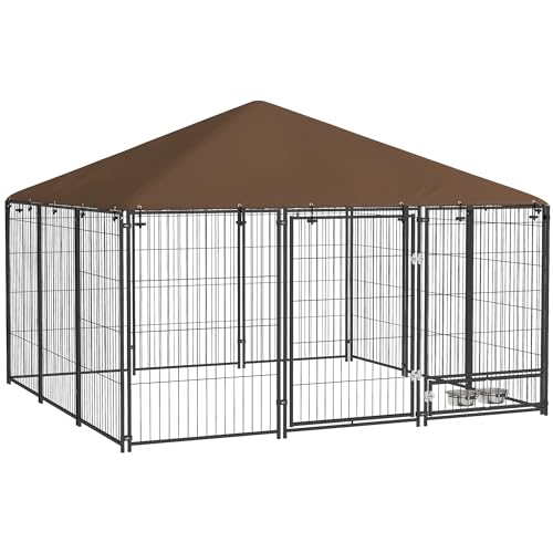 PawHut Outdoor Hundezwinger aus Metall und Oxford-Gewebe mit Futternapfhalter und wetterfestem Dach Geräumiger Raum 211 x 211 x 151 cm Schwarz