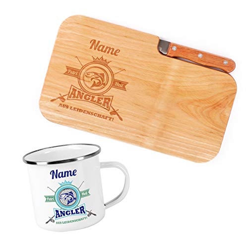 Herz & Heim® Frühstück Set für Angler mit Schneidebrettchen inklusive Messer und Emailletasse - perfekt für ein Outdoor Frühstück beim Angeln