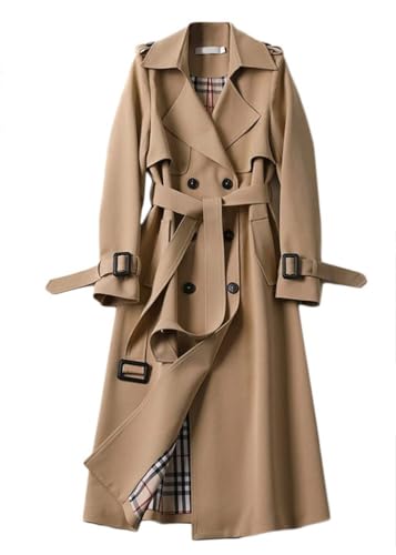 shownicer Damen Trenchcoat Jacke Cardigan Zweireiher Langer Mantel Winddichter Wintermantel Windjacke Übergangsmantel mit Taschen Einfarbig Revers Damenmantel mit Knöpfen A1 Khaki L