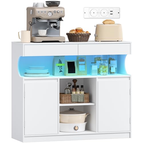 Hzuaneri Sideboard, Küchenschrank mit Steckdosenleiste und LED-Licht, Aufbewahrungsschrank, 2 Schubladen und 2 Türen, Verstellbaren Regalen, Buffetschrank, Esszimmer, Küche, 35×100×85cm, Weiß SC64903X