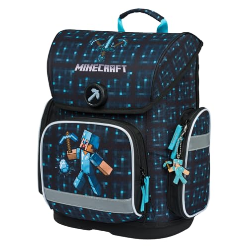Baagl Schulranzen Jungen Mädchen für 1. Klasse, Ergo Schultasche Grundschule, Leichter Kinder Ranzen Tornister Schulrucksack mit Brustgurt (Minecraft Blue Axe)