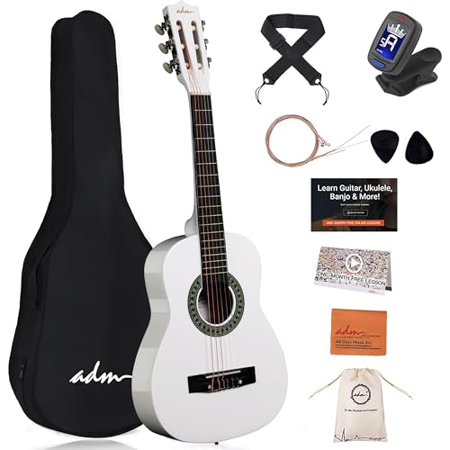 ADM 1/4 Kinder Konzertgitarren-Set, 76,2 cm, Junior-Gitarren-Set für Anfänger mit Gigbag, Stimmgerät, Gurt, Plektren, extra Saiten, Aufbewahrungstasche und Reinigungstuch (weiß)