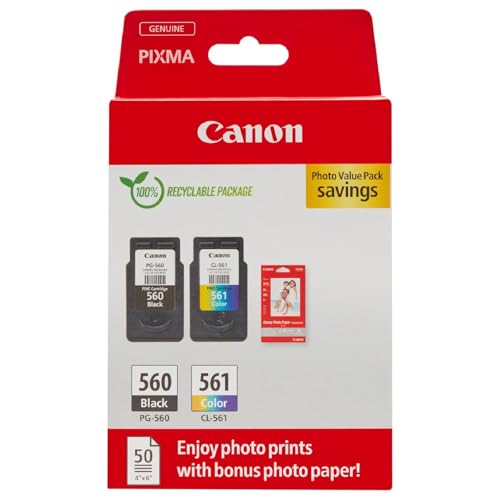 Canon Tinte & Papier Multipack - PG-560/CL-561 Original Drucker Tintenpatronen 2er-Pack (1 x Schwarz, 1 x Farbe druckerpatronen) & 4x6 Fotopapier (50 x Blatt)