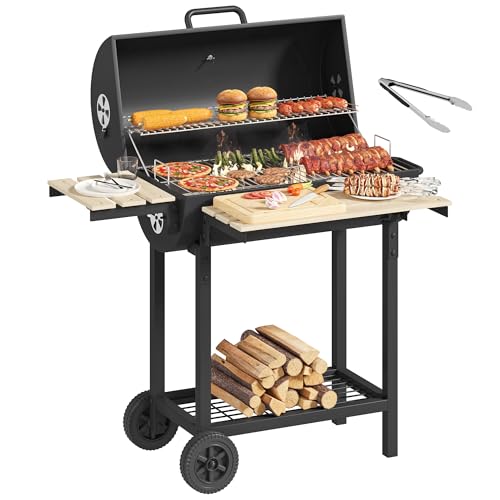 YITAHOME L Grillwagen Smoker Holzkohlegrill mit Gusseisenrost & Emaille-Pfanne - Mobiler BBQ Grill für Garten, Camping, Outdoor - Inkl. Thermometer, Küchenzange, Grillhandschuh, Robustes Design