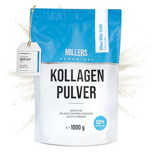 100% reines Kollagen Pulver 1000 g – Kollagen Peptide – Collagen Protein – Millers Alpha-Gel – Ohne Zusatzstoffe – Geschmacksneutral – Collagen Pulver – Alfons Miller – Deutsches Familienunternehmen