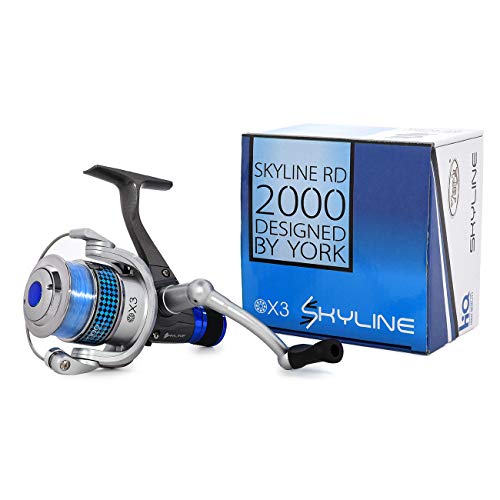 York Angelrolle Skyline RD 3000 Heckbremse mit Schnur bespult, Silber, Blau