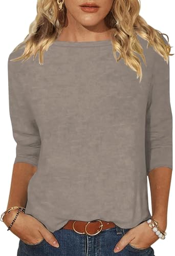 Minetom Tshirt Damen 3/4 Arm Shirt U-Boot Ausschnitt Leichte Pullover Tops Basic Oberteil Sommer Herbst A Grau XL