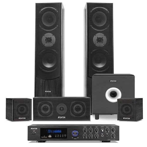 Fenton Heimkino System Komplett Set, 5.1 Soundsystem 245 Watt RMS, Bluetooth Verstärker, MP3-USB, AUX, 5 Lautsprecher und 10