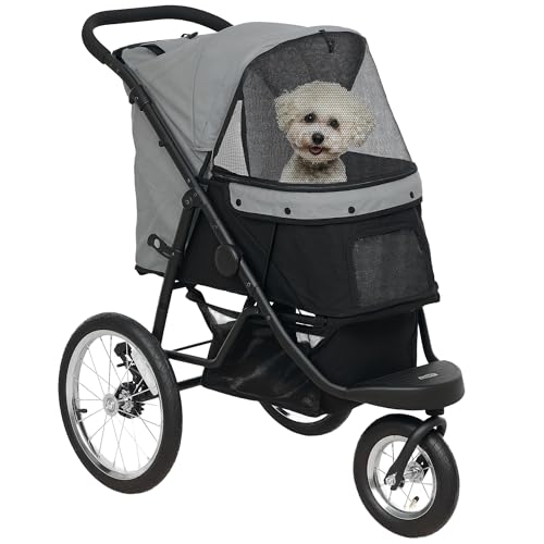 PawHut Hundewagen Jogger Hundebuggy klappbar für kleine Hunde & Katzen bis 10 kg Katzenbuggy mit 3 große Gummiräder, Kissen Netzfenstern Aufbewahrungskorb Katzenwagen mit Sicherheitsleinen, Grau