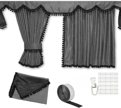 LKW Gardinen passgenau zum FH Aero FH4 FH5 in grau mit schwarzen Pompoms/Kugel