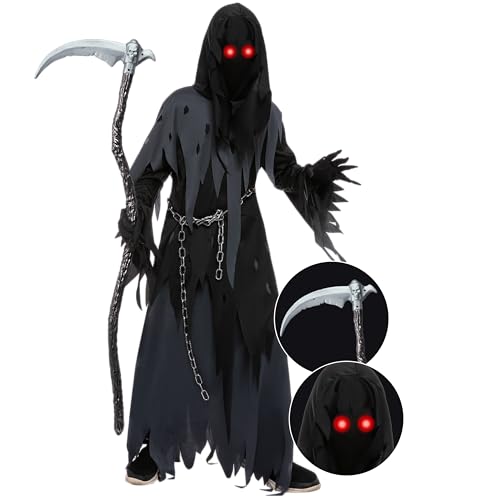 Spooktacular Creations - Sensenmann Kostüm Kinder, enthält Sensenmann Robe, Maske, Handschuhe und Metallkette, halloween kostüm sensenmann, Reaper kostüm, Karneval, Mottoparty, M (8-10 Jahre).