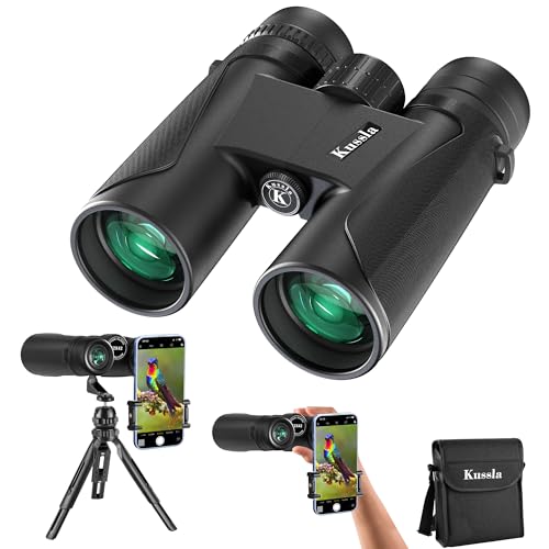 Kussla 12x42 HD Fernglas Erwachsene und Kinder, Fernglas mit Nachtsicht Wasserdicht Ferngläser Klein mit Stativ Smartphone-Adapter, Binoculars Kompakt für Vogelbeobachtung, Jagd, Wandern
