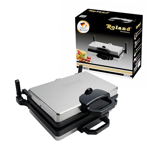 Roland Germany Multigrill, 2000W Elektro-Kontaktgrill, Schwarz, 340x220mm Grillplatten, 5-Stufen Temperaturregelung, für Lahmacun, Fleisch, Toast und Gemüse (1, Teflon)
