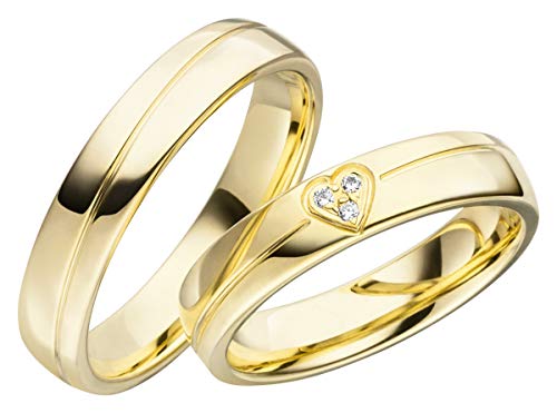 JC Trauringe Silber 925 Paarpreis Eheringe Gold Plattiert I Verlobungsringe breit 4,5 mm I Partnerringe mit Gravur in edler Schatulle I 2 Hochzeitsringe Herrenring & Damenring mit Steinen LC108-P