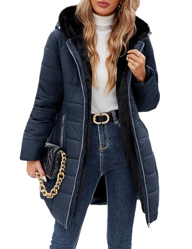 CMTOP Winterjacke Damen Gefüttert Fleecejacke Warme Steppjacke Dicke Wintermantel Parka Elegant Steppmantel Jacke Lang Fleece Damen-jacken Casual Winterparka mit Kapuze, Taschen(Marineblau,L)