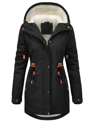 RITOSTA Winterjacke Damen Lang Parka Fleece Gefüttert Damen-Jacken Winter Wintermantel Warm Mantel Hooded Jacket Kapuzenjacke Winterparka Softshellmantel mit Kapuze Taschen(Schwarz,M)