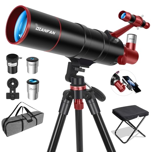 Dianfan Teleskop,90/550 Teleskop Astronomie für Erwachsene & Kinder, Tragbares Teleskope für Einsteiger mit AZ Montierung,Stativ, Telefon Adapter, Tragetasche und Klapphocker