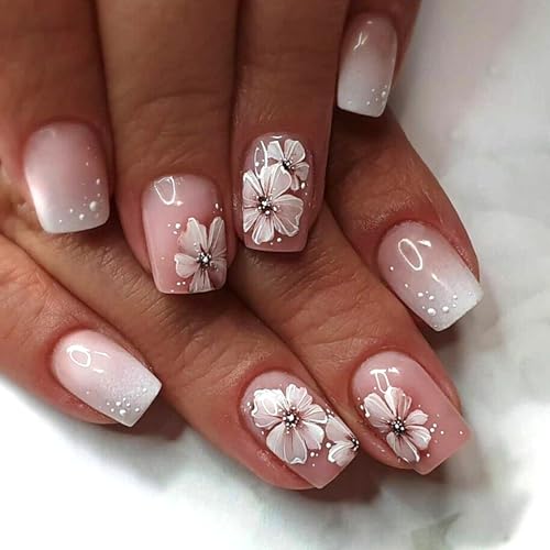 Ceboic 24 Stück Nägel Zum Aufkleben Kurz Eckig, French Press on Nails Nude Rosa Farbverlauf Künstliche Nägel, Natürlich Acrylnägel mit Blumen Design, Vollabdeckung Fingernägel zum Aufkleben für Frauen