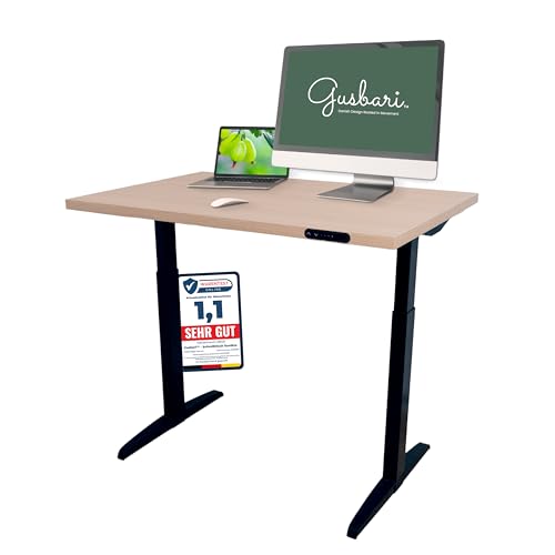 GUSBARI™ Höhenverstellbarer Schreibtisch Elektrisch mit Memory-Funktion & Sanft-Start | Computertisch Höhenverstellbar mit Anti-Kollisionssystem | Werkzeuglose Montage | Eiche | 112 x 77 cm