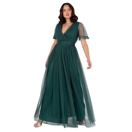 Anaya with Love Damen Ladies Maxi for Women V Neckline Short Sleeve Frilly Long Empire Waist Wedding Guest Bridesmaid Maid of Honour Dress, Emerald Green, 48 EU