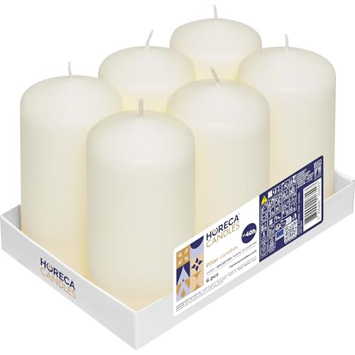 Horeca Candles - Stumpenkerzen - Elfenbein - Ø 6 x 12 cm - 6er Set Blockkerzen - Lange Brenndauer 40 Stunden - Ohne Duft - Kerzen für Haushalt, Feiern und Gastronomie