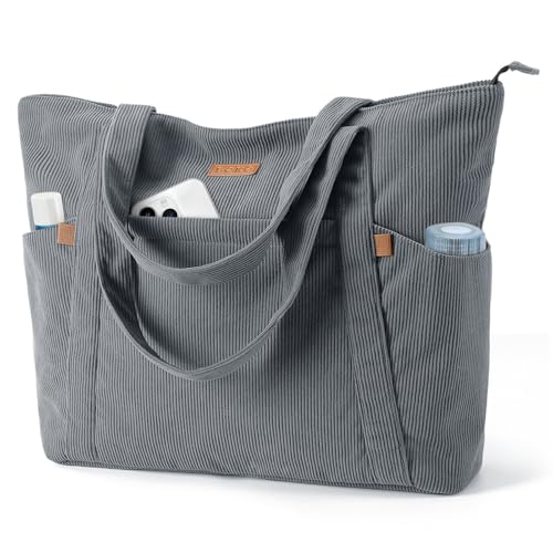 Lekespring Cord Tasche Damen, Groß Tote Bag Strandtasche mit Reißverschluss, Shopper Tasche Damen Laptoptasche mit 17 Zoll Laptopfach, Elegant Handtasche Umhängetasche für Arbeit Schule Gym-Grau