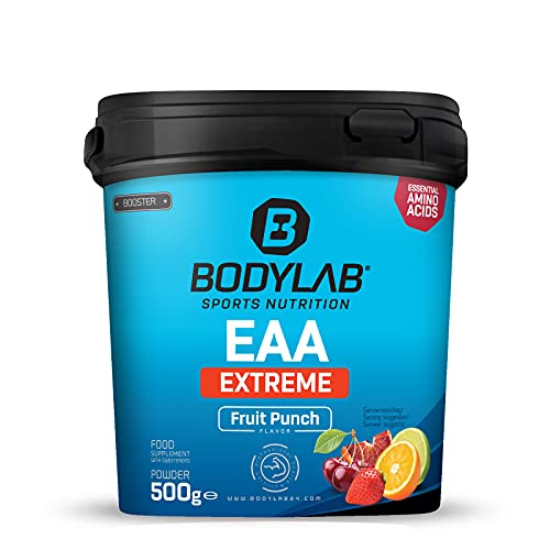 Bodylab24 EAA Extreme 500g, Essentielle Aminosäuren angereichert mit 1,5g Glutamin, 1g Alanin und den Vitaminen B6 und B3 als fruchtiges Getränk für Regeneration und Muskelaufbau, Fruchtmix