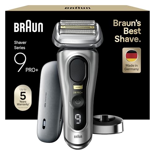 Braun Series 9 Pro+ Rasierer Herren Elektrisch, Elektrorasierer mit 5 Pro Rasierelementen, Langhaarschneider, Rasierer-Ladeetui PowerCase, 60 Min Laufzeit, Made in Germany, 9527s, Silber