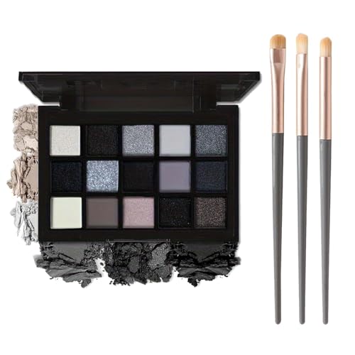 Goth Lidschatten Palette, 15 Farben Smoky Eyeshadow Palette Schwarz, Matt Schimmer Lidschatten Palette mit 3 Pinsel, Wasserfest, Hochpigmentiert Gothic Make Up Palette für Tägliche & Halloween Makeup
