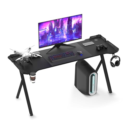 XMTECH Gaming Tisch Schwarz mit RGB LED, Carbon Tischplatte, 160 cm PC Schreibtisch, Computertisch, Y-förmige Beine, ergonomisch, Becherhalter & Kopfhörerhaken, für Gaming, Streaming & Homeoffice