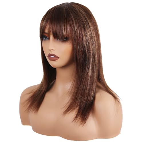 ManeMajesty Frauen Perücke Lang Mit Pony Und Ombre 46 cm 100 Prozent Echthaar Glatt Ohne Kleber Ohne Spitze Mechanisch Braun Gemischt Honigblond, Fs4/27