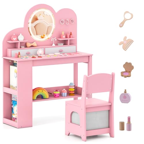 DREAMADE Kinderschminktisch mit Stuhl & Buntem LED-Spiegel, Schminktisch Set mit Haken, Schubladen, offenen Regalen & 5 Spielzeugaccessoires, Kosmetiktisch Frisiertisch für Kinder ab 3 Jahren (Rosa)