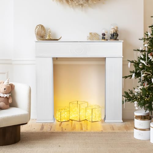 Lietre Kaminschrank, kaminsims mit 3 Stauraum, dekorative Kaminumrandung aus Holz und Kaminattrappe Schrank, Wohnzimmer Beistellmöbel (weiß)