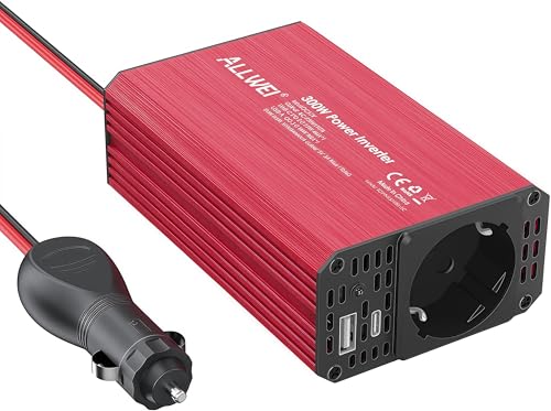 ALLWEI 300W Wechselrichter 12V auf 230V Spannungswandler, Stromwandler mit Typ-C & USB Anschluss, Inverter 12V 220V, Auto Steckdose für Auto, Laden von Handys, Laptops und Anderen Geräten(Rot)