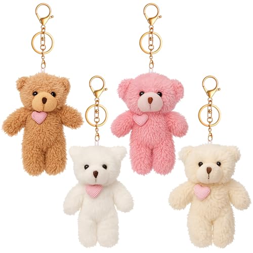 Kaisibum 4 Stück Plüsch Schlüsselanhänger,Mini Bären Teddybär Schlüsselanhänger Anhänge Bär-Plüsch-Schlüsselanhänger für Kinder Damen