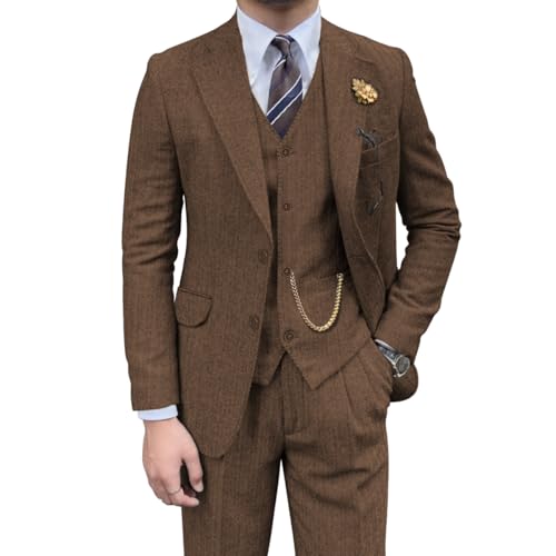 Retro-Herrenanzug, 3-teilig, Tweed, Fischgrätenmuster, schmale Passform, Anzüge für Bräutigam, Smoking-Set, Balljacke, Blazer, Weste, Hose für Herren, Braun, L