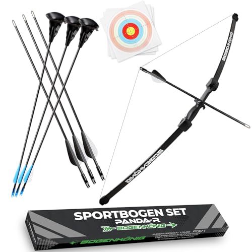 Bogenkönig Pfeil und Bogen Kinder Set-Einsteiger Sportbogen mit 6 Pfeilen (3 schwarz Pfeile mit Metallspitze und 3 blaue Pfeile mit Saugnapf) 6x Zielpapier Ideal für Kinder und Jugendliche ab 7 Jahren