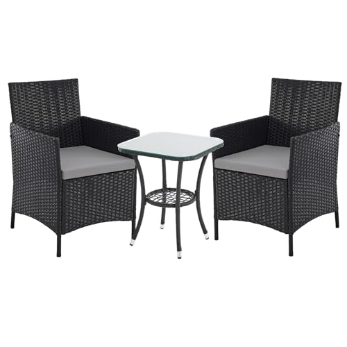 SVITA Brooklyn Bistro Gartenmöbelset 3-teilig Rattan Outdoor Gartenlounge Terrasse Balkon Garten Sitzgruppe mit 2 Sesseln und Tisch Schwarz