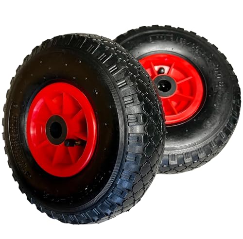 TMV24® 2x Sackkarrenrad Luftrad 3.00-4, 260x85 Reifen mit Schlauch & Rad für 2cm Ø Achse Sackkarre Bollerwagen Luftreifen Ersatzrad Sackkarren Räder Rollenlager Kugellager Winkelventil Schwarz/Rot, L