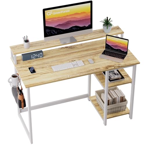 GreenForest 100 x 50 cm Schreibtisch Holz mit Regal und Monitorständer, Computertisch mit Stauraum, Schreibtisch Eiche, Beige