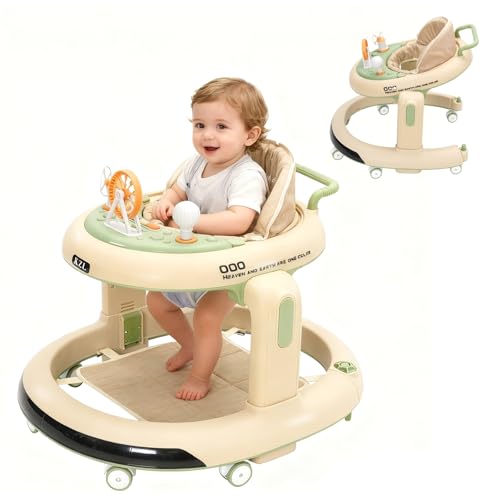 Baby Lauflernhilfe, 3 in1 Baby Walker Höhenverstellbar, Überrollsicherer Lauflernwagen mit Leisen 360°-Laufrädern, herausnehmbarer Esstablett, Licht und Spielcenter von 9 bis 18 Monaten(Grün)
