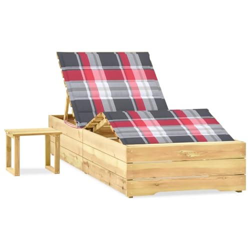 Homgoday Holz Sonnenliege mit Tisch & Kissen, grün impr?gniert, 198x90cm, rot kariert - Gartenm?Bel Model3065967