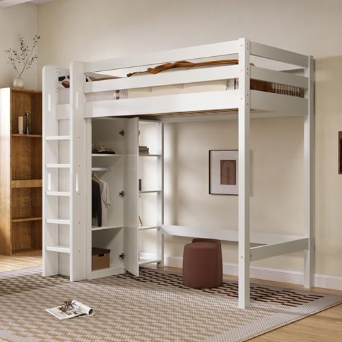 LAKFEW Hochbett Kinderbett 90x200 cm mit Kleiderschrank, Etagenbett Bett mit Stauraum Regalen, Einzelbett mit Leiter und Rausfallschutz, Jugendbett mit Lattenrost, Ohne Matratze, Weiß