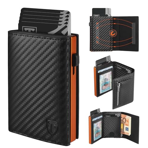 TEEHON Geldbörse Herren mit RFID-Schutz –Kohlefaserleder Portmonee Herren, 8 Kartenetui, ID-Fenster, Münztasche, Geldscheinfach mit Geschenkbox, Schwarz Orange