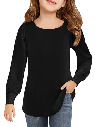Haloumoning Mädchen Langarmshirt Rundhals Puffärmel T-Shirt Kinder Einfarbig Niedlich Freizeit Shirts Mode Basic Oberteile 5-14 Jahre, Schwarz, 7-8 Jahre