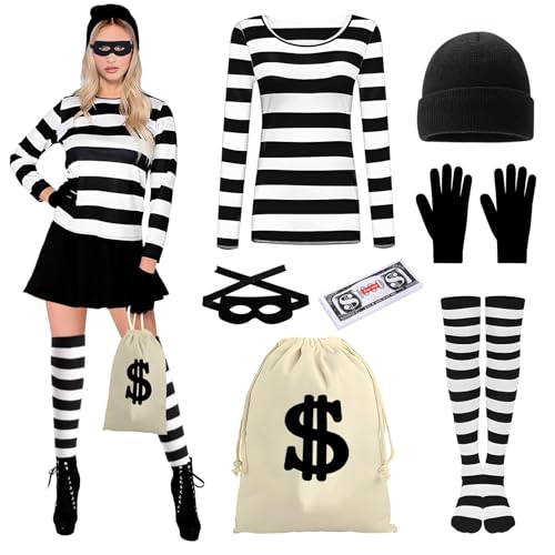 Dongcill Räuber Kostüm Damen Bankräuber Kostüm Damen Dieb Kostüms Einbrecher Kostüms Banditkostüms Verbrecherkostüms Sträfling Dieb für Halloween Karneval Cosplay-7pcs