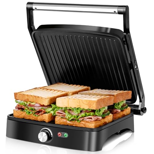 Aigostar Calore Kontaktgrill, Optigrill und Sandwichmaker 1800W, 180° aufklappbar mit einstellbarer Temperatur (50-220°C), Antihaftbeschichtung und Fettauffangschale