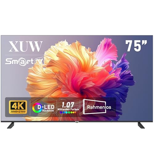 XUW 75 Zoll UHD 4K Smart TV, D-LED Hintergrundbeleuchtung Fernseher, randloses Design, HDMI USB DVB-T2/S2 RJ45 Schnittstelle, großer Bildschirm für Wohnzimmer, Schlafzimmer, Heimunterhaltung - schwarz