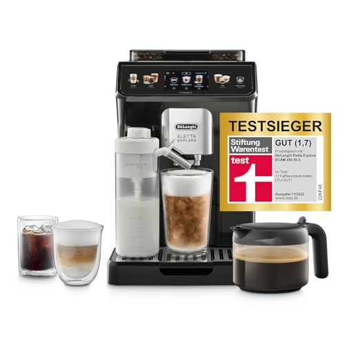 De'Longhi Eletta Explore Perfetto ECAM452.57.G Kaffeevollautomat mit LatteCrema Milchsystem, heiße und erfrischende Getränke auf Knopfdruck, 3,5 Zoll TFT Touchscreen Farbdisplay, Kaffeekanne inklusive